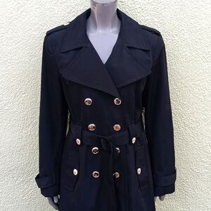 Calvin Klein Ladies Black Double Breasted Trench W/Silver Button Accents